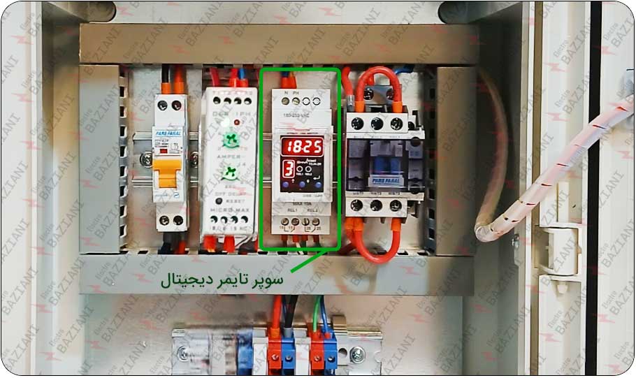 تصویر تایمر دیجیتال تابلو برق مه پاش تکفاز با محافظ آمپر پمپ MEH1PSA
